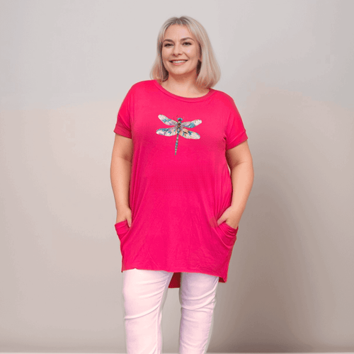 MULTI DRAGONFLY DIPPED HEM T-SHIRT WITH POCKETS - FullFab