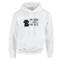 My Bark Is Worse Than My Bite hoodie in white featuring a cute dog graphic.