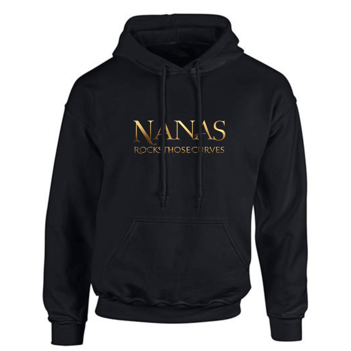 Nanas hoodie in black featuring a stylish gold logo that reads 'Nanas Rock Those Curves'.