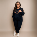 Navy Floral Sweatshirt Set featuring elegant leaf designs and comfortable fit.
