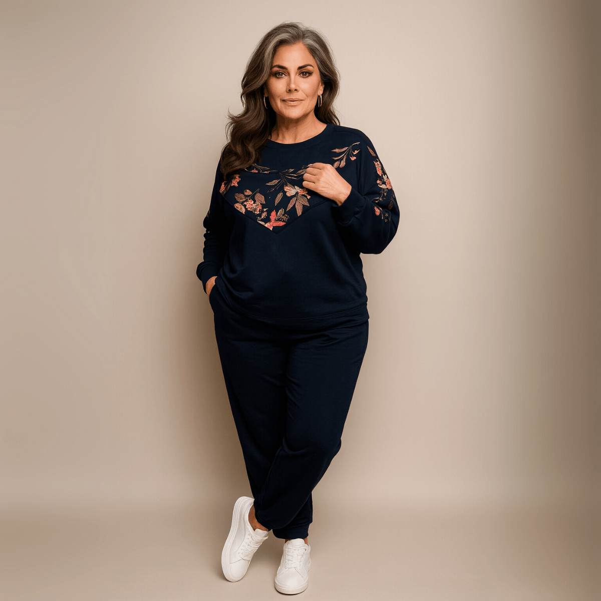 Navy Floral Sweatshirt Set featuring elegant leaf designs and comfortable fit.