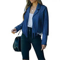Women’s Blue Suede Tassel Lapel Cropped Motorcycle Jacket