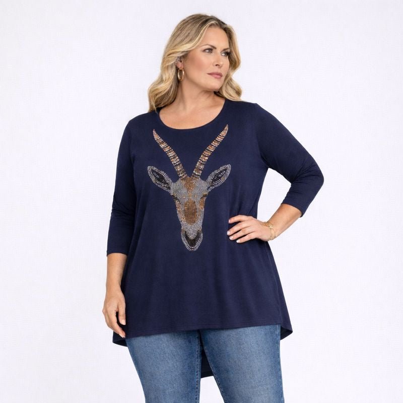 Navy Goat Graphic Top featuring a stylish goat head design, perfect for casual wear.