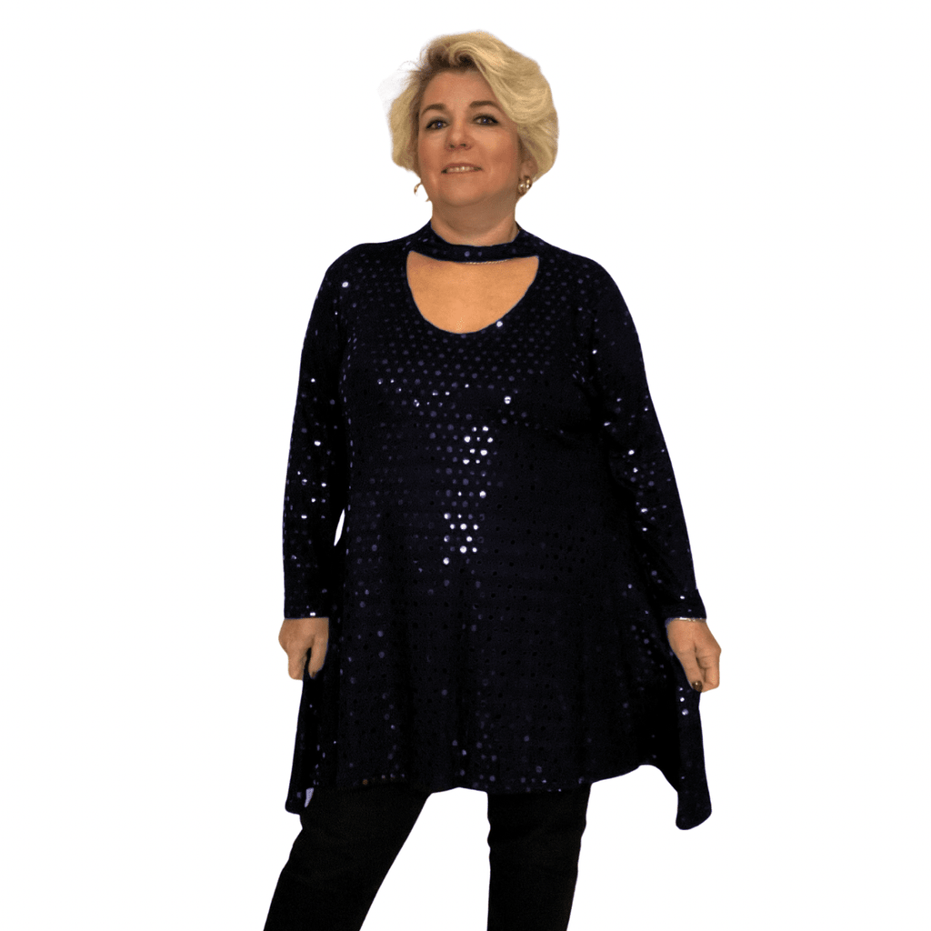 BLACK SEQUIN CHOKER NECK LONG SLEEVE SWING TOP - FullFab