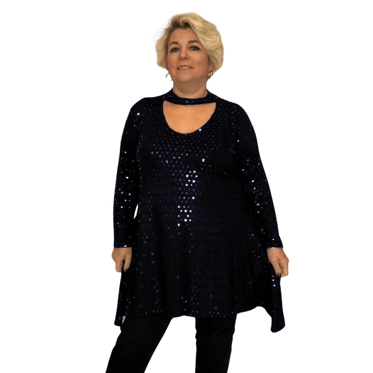 BLACK SEQUIN CHOKER NECK LONG SLEEVE SWING TOP - FullFab
