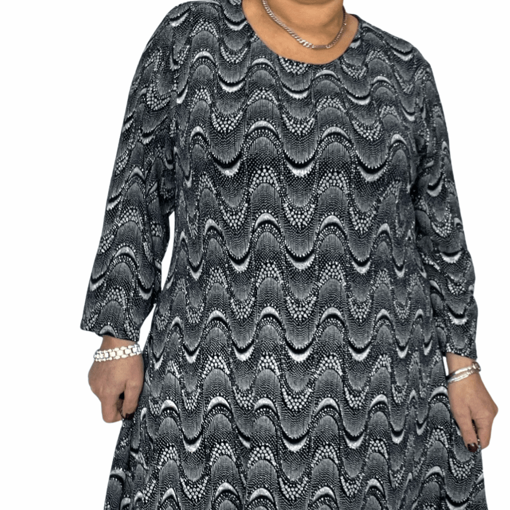 Navy Sparkly Swirl Pattern Long Sleeve Party Swing Dress - FullFab