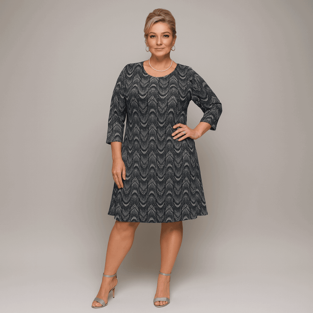 Navy Sparkly Swirl Pattern Long Sleeve Party Swing Dress - FullFab