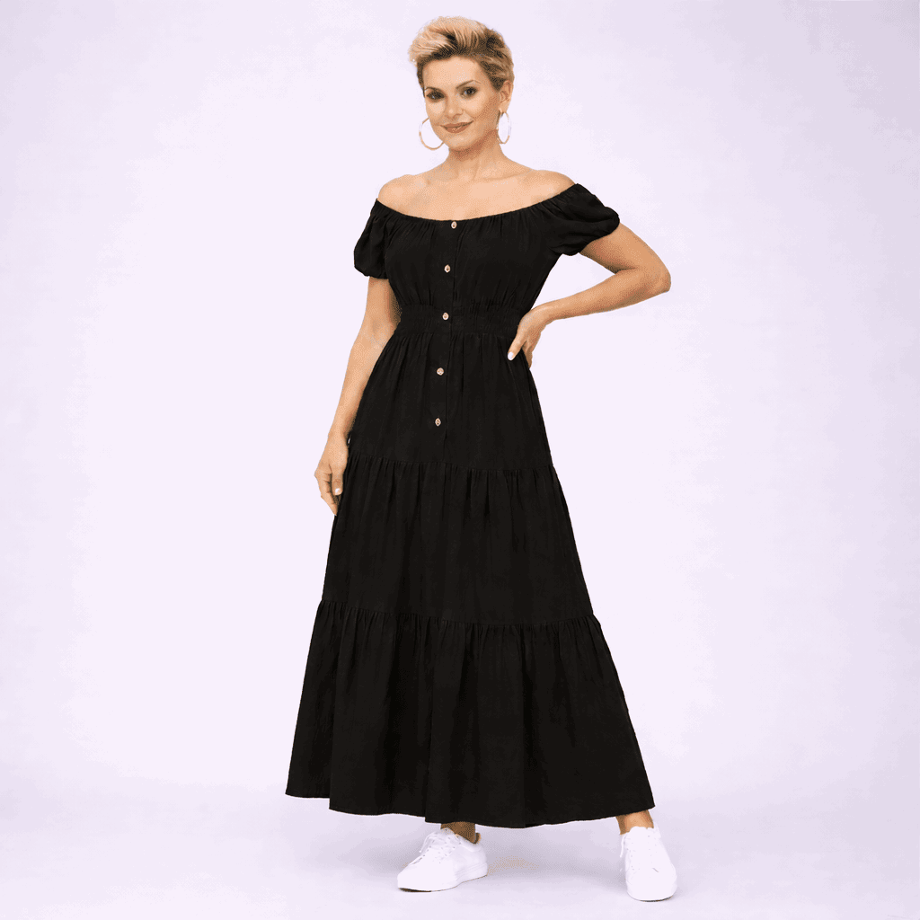 Off Shoulder Elastic Waist Gypsy Style Maxi Dress - FullFab