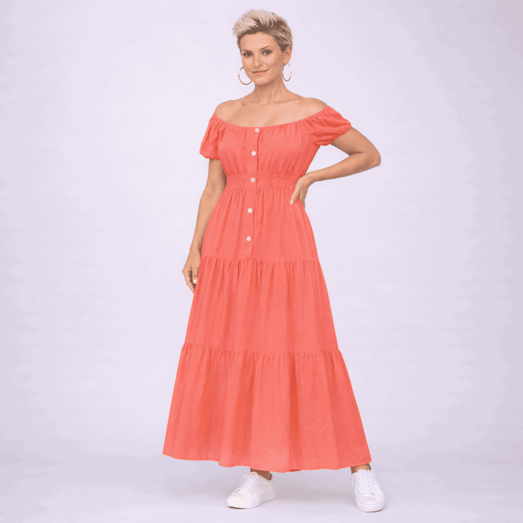 Off Shoulder Elastic Waist Gypsy Style Maxi Dress - FullFab