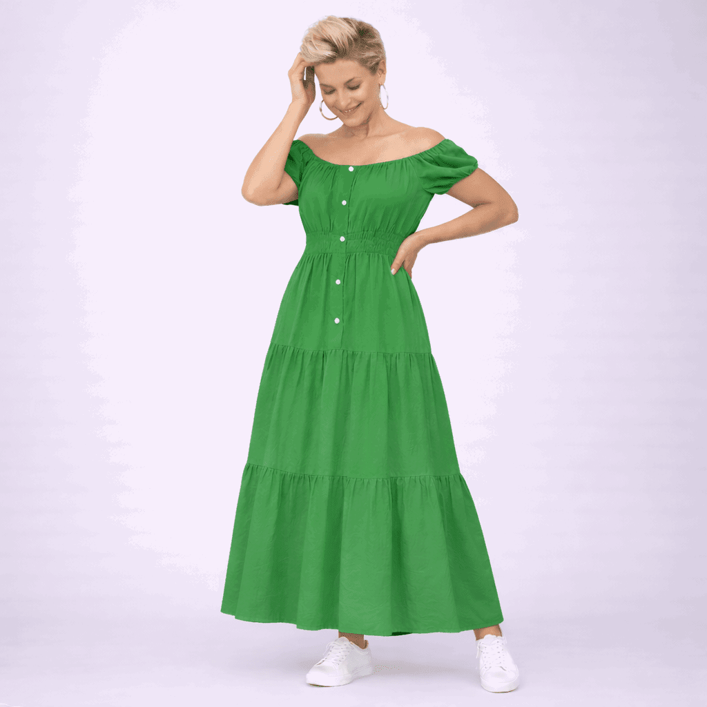 Off Shoulder Elastic Waist Gypsy Style Maxi Dress - FullFab
