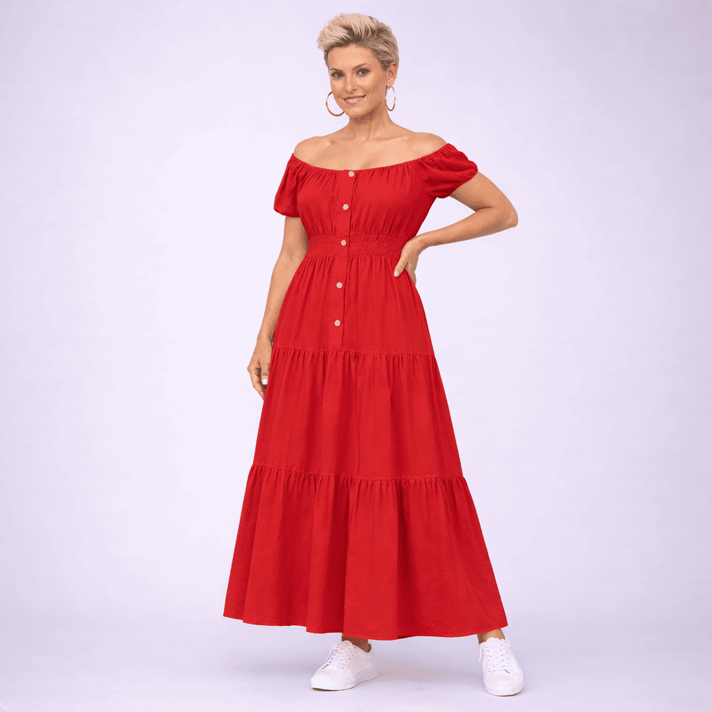 Off Shoulder Elastic Waist Gypsy Style Maxi Dress - FullFab