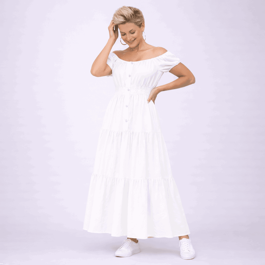 Off Shoulder Elastic Waist Gypsy Style Maxi Dress - FullFab