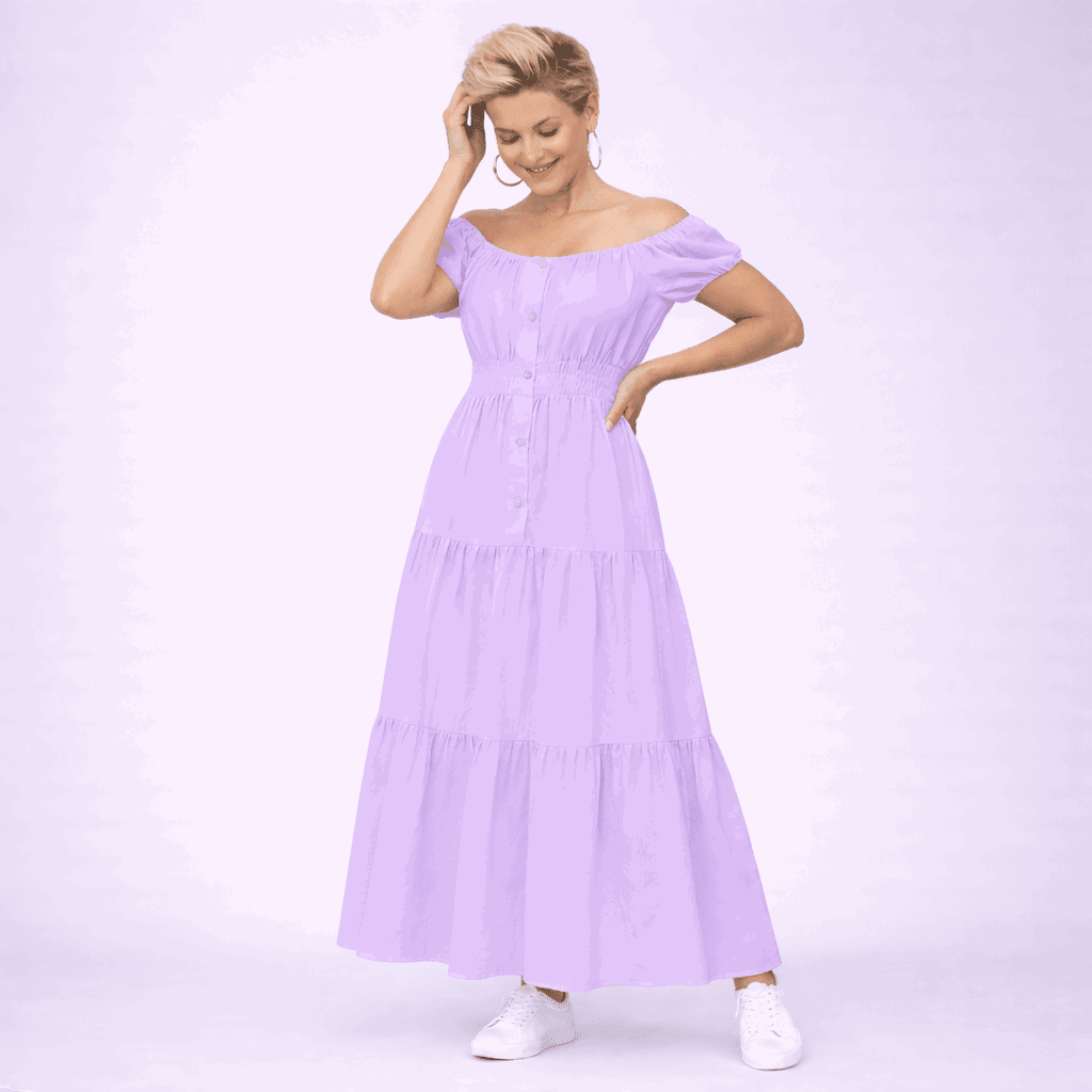 Off Shoulder Elastic Waist Gypsy Style Maxi Dress - FullFab
