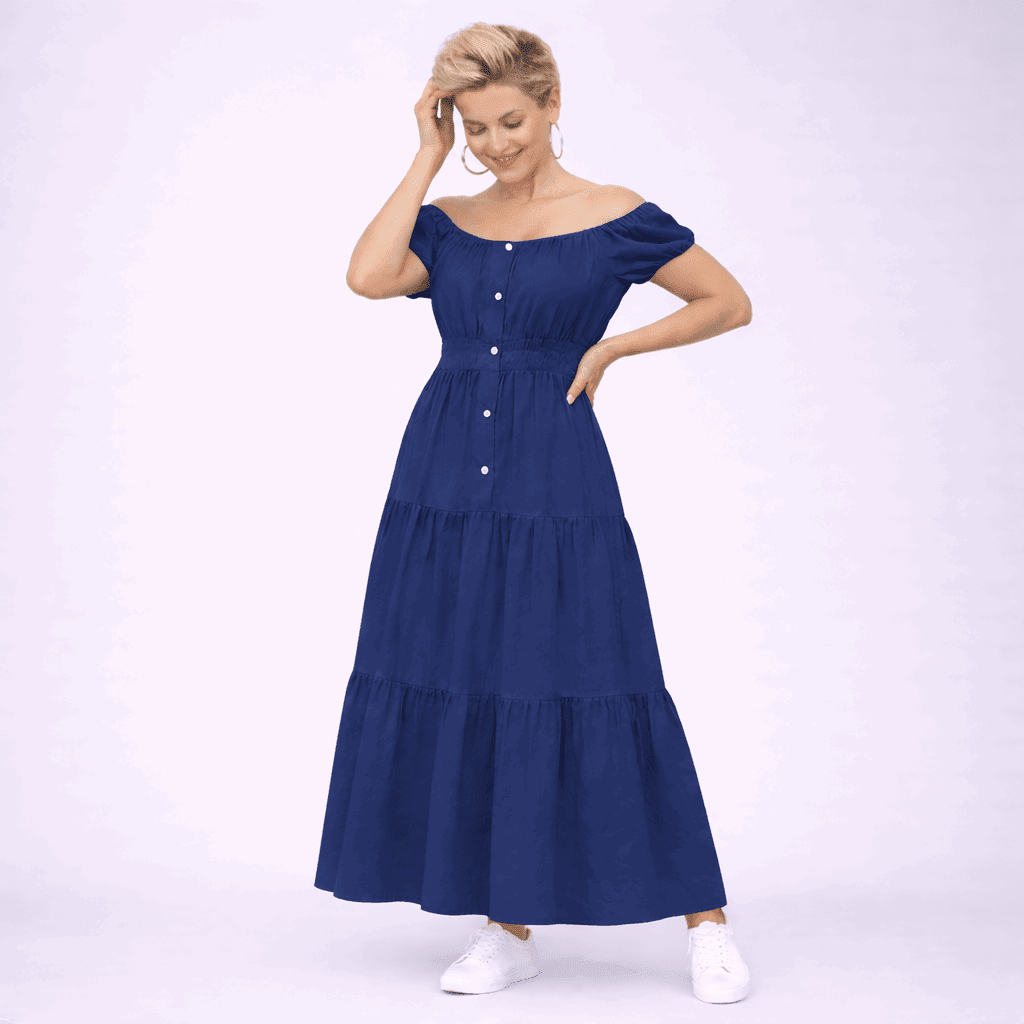 Off Shoulder Elastic Waist Gypsy Style Maxi Dress - FullFab