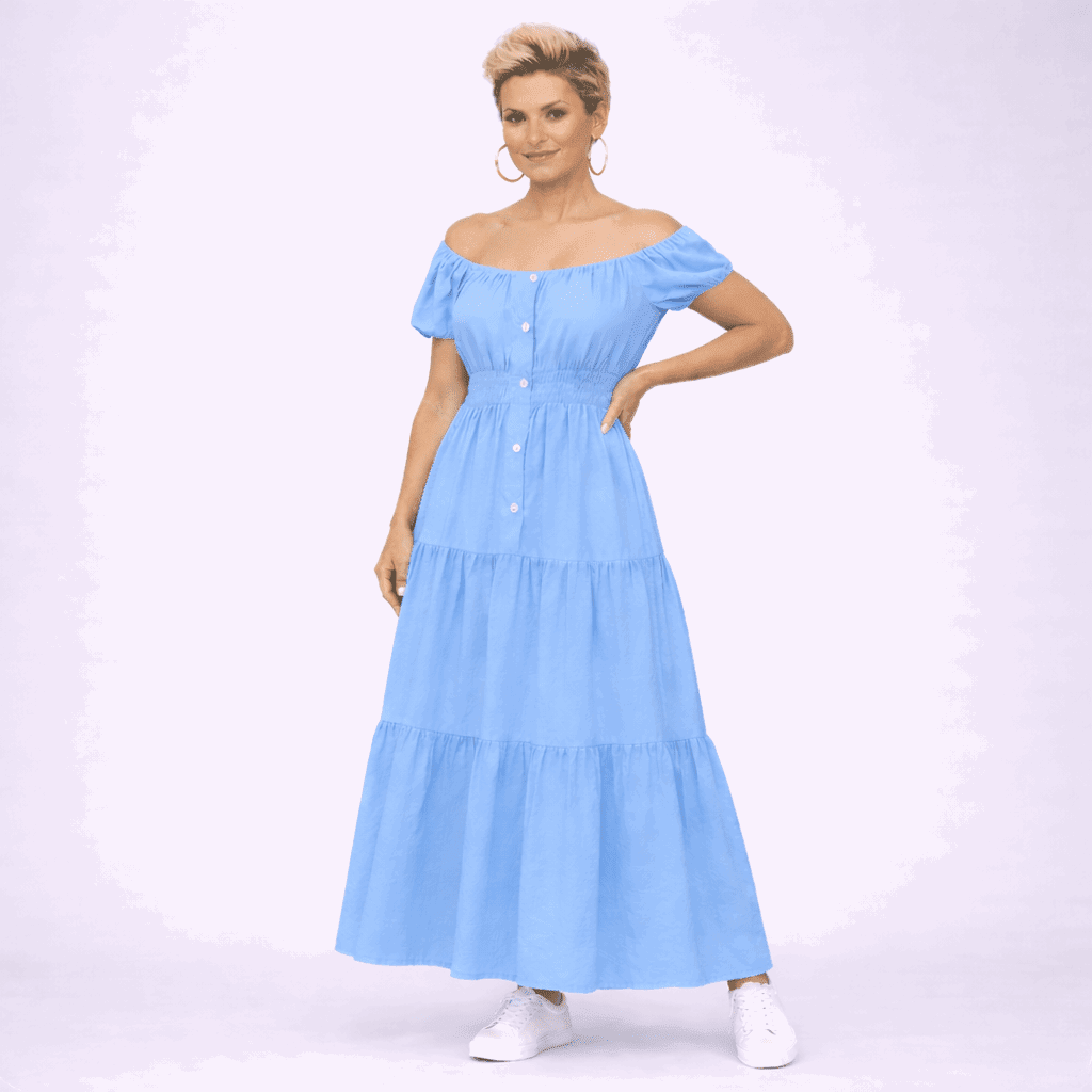 Off Shoulder Elastic Waist Gypsy Style Maxi Dress - FullFab