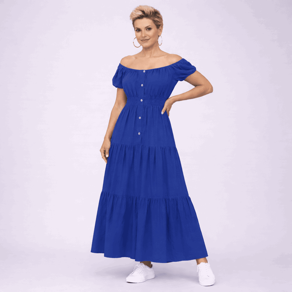 Off Shoulder Elastic Waist Gypsy Style Maxi Dress - FullFab