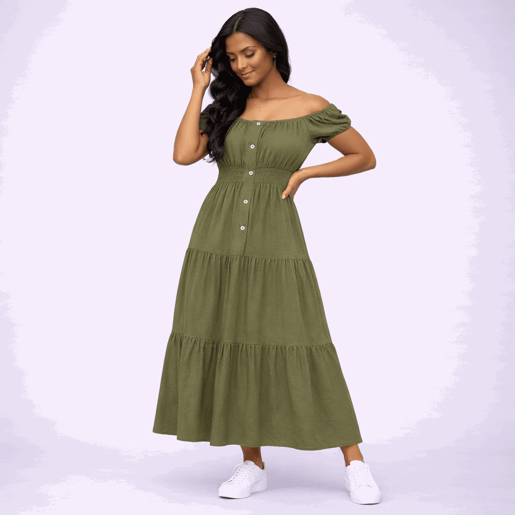 Off Shoulder Elastic Waist Gypsy Style Maxi Dress - FullFab