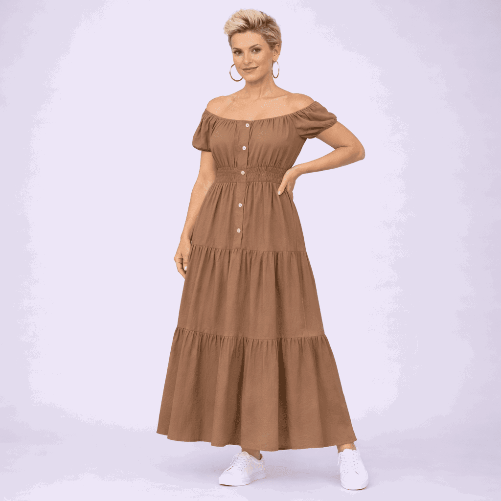 Off Shoulder Elastic Waist Gypsy Style Maxi Dress - FullFab