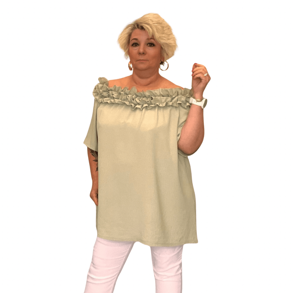 Ruffled Neckline Off Shoulder Blouse - FullFab