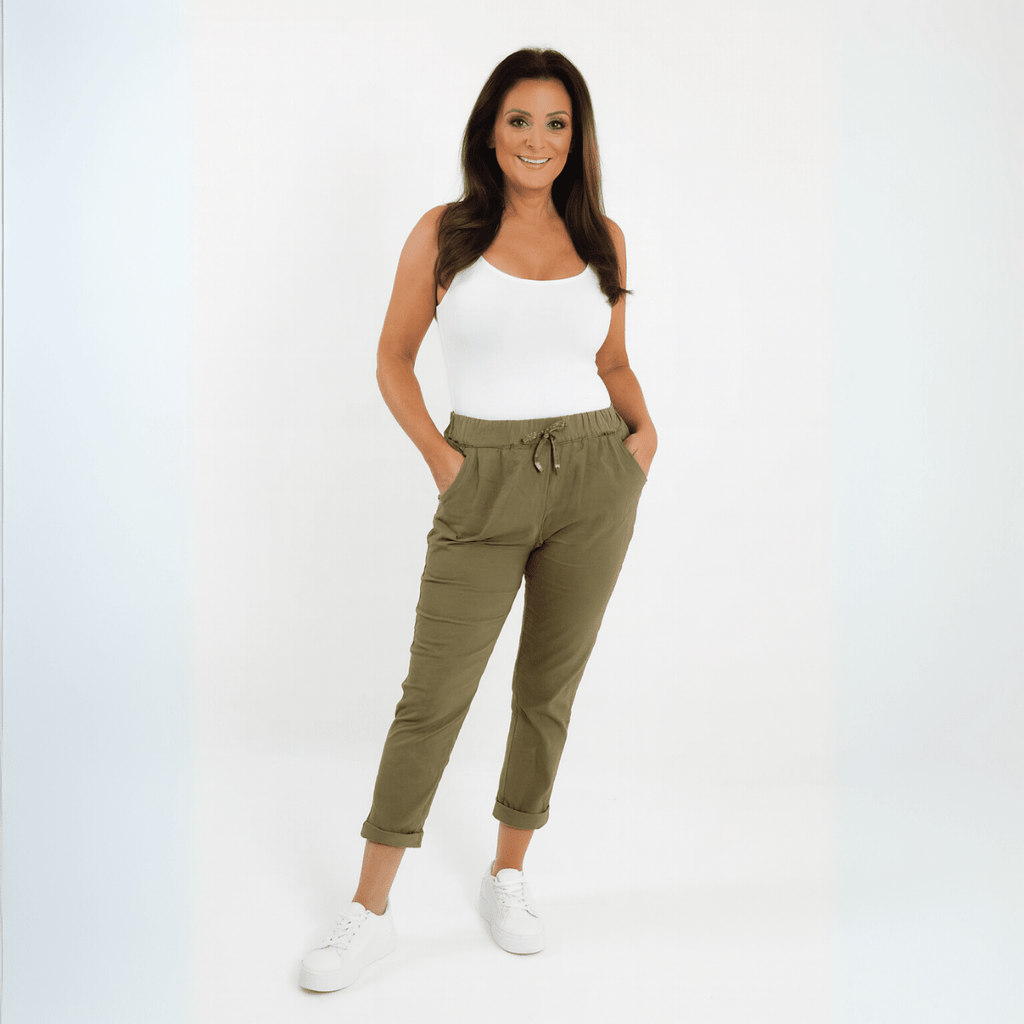 Olive Green Jogger Pants featuring a comfortable fit and side pockets.