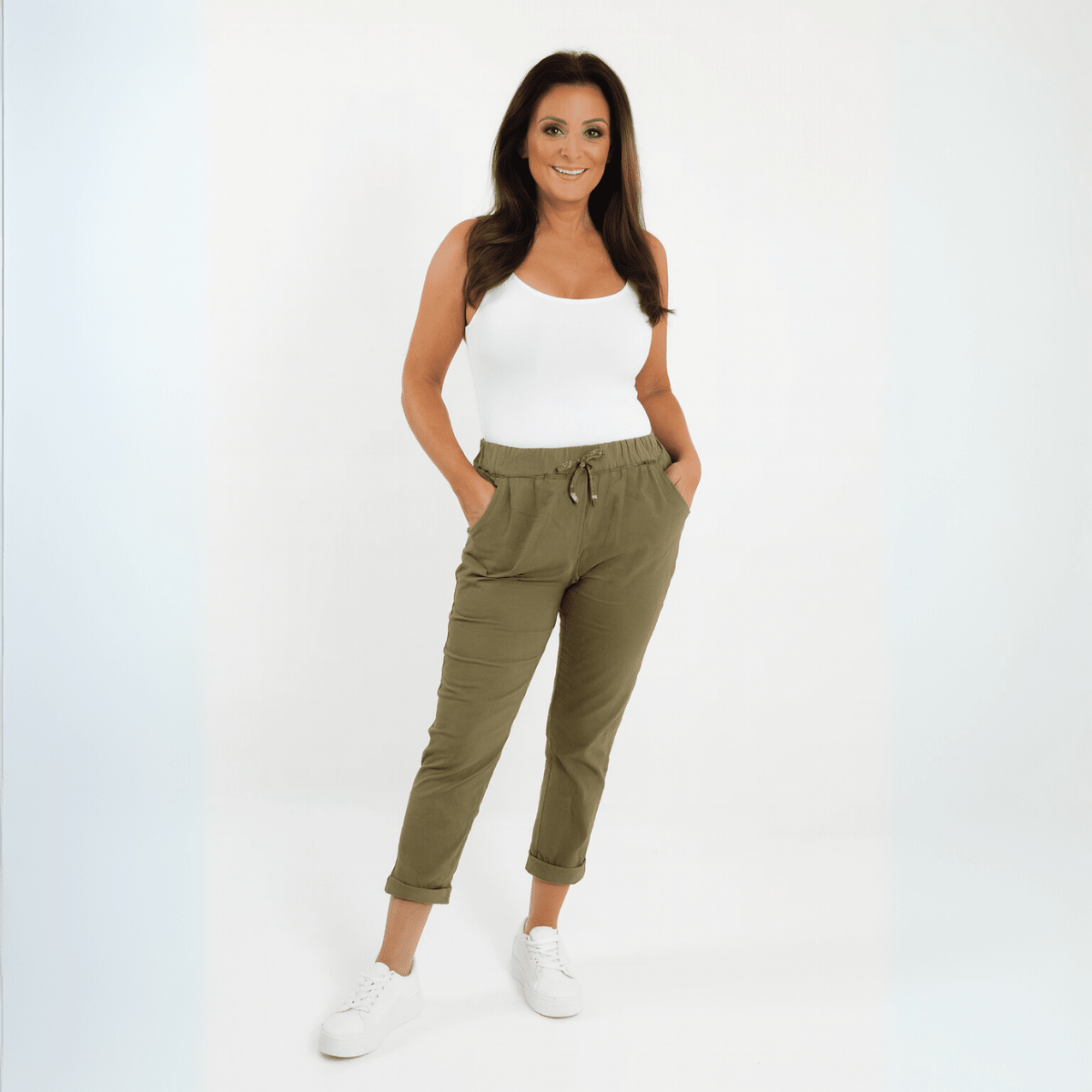 Olive Green Jogger Pants featuring a comfortable fit and side pockets.