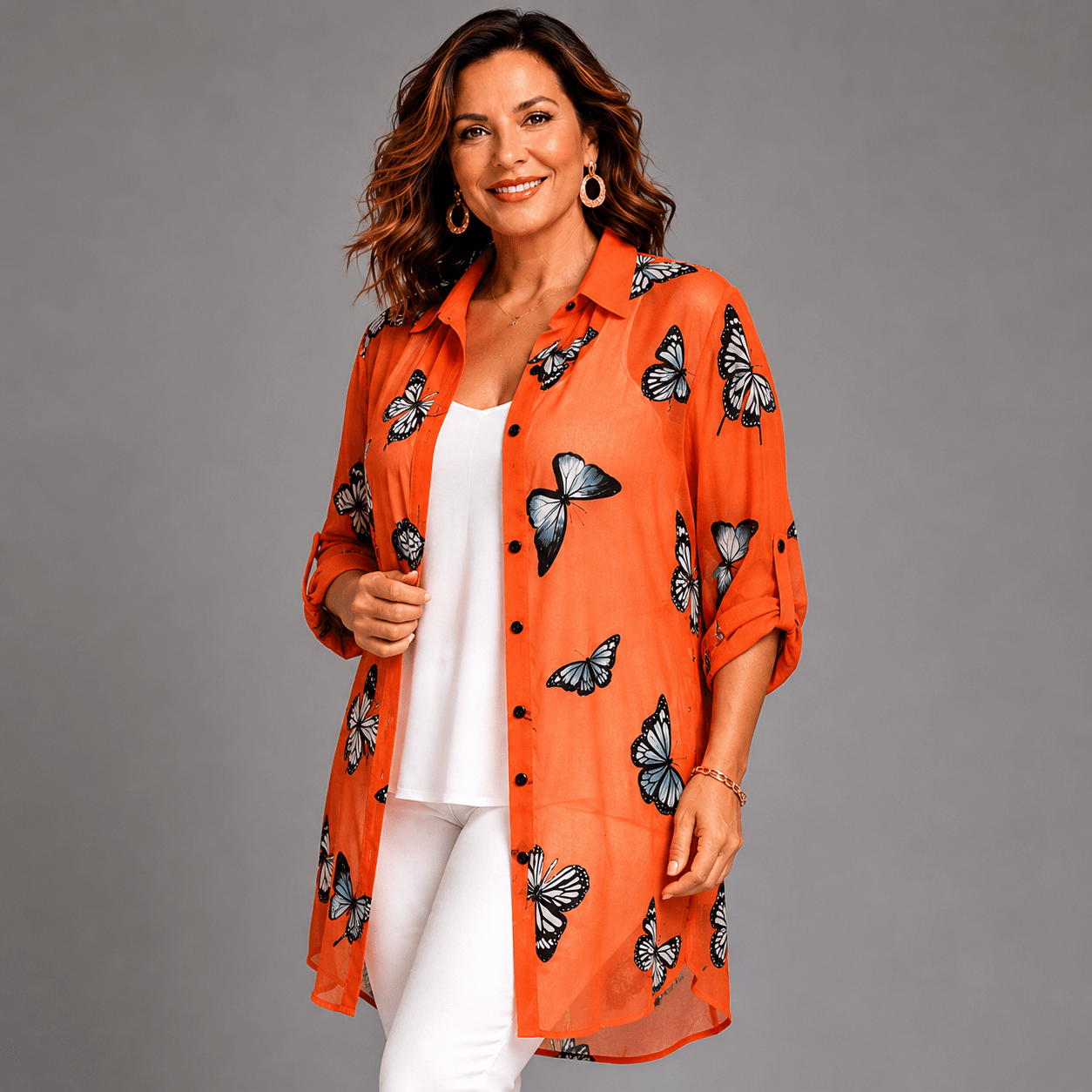 Long Length Chiffon Blouse / Shirt with Butterfly Print - FullFab