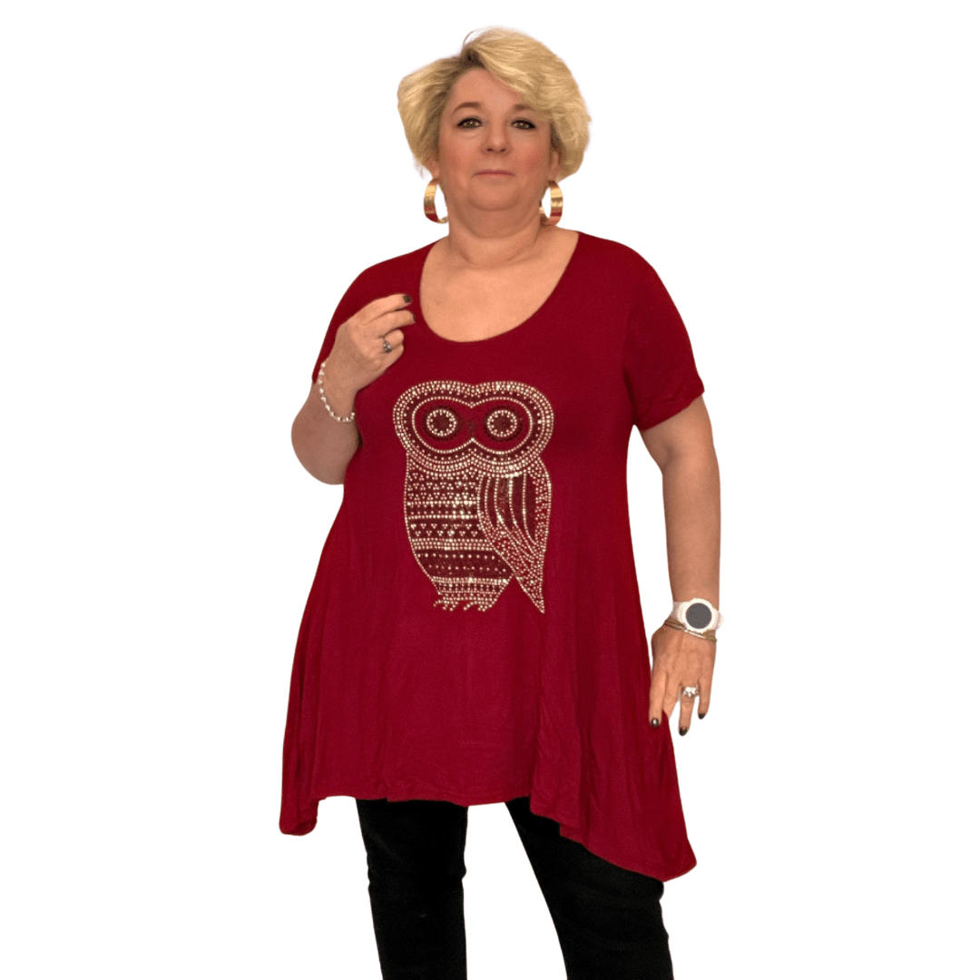 ROCKTHOSECURVES SHORT SLEEVE HANKY HEM STUDDED OWL LONG LENGTH TOP - FullFab
