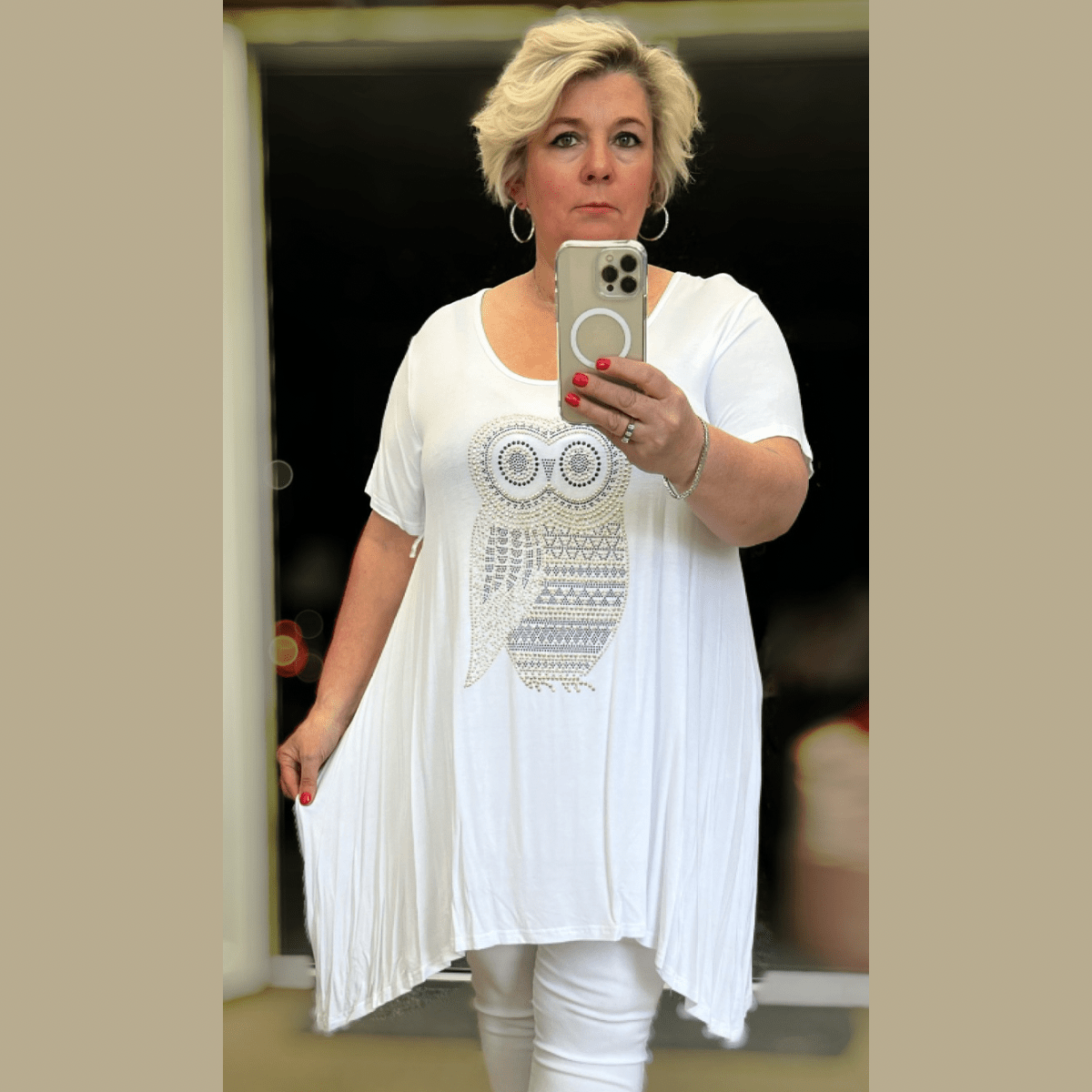 ROCKTHOSECURVES SHORT SLEEVE HANKY HEM STUDDED OWL LONG LENGTH TOP - FullFab
