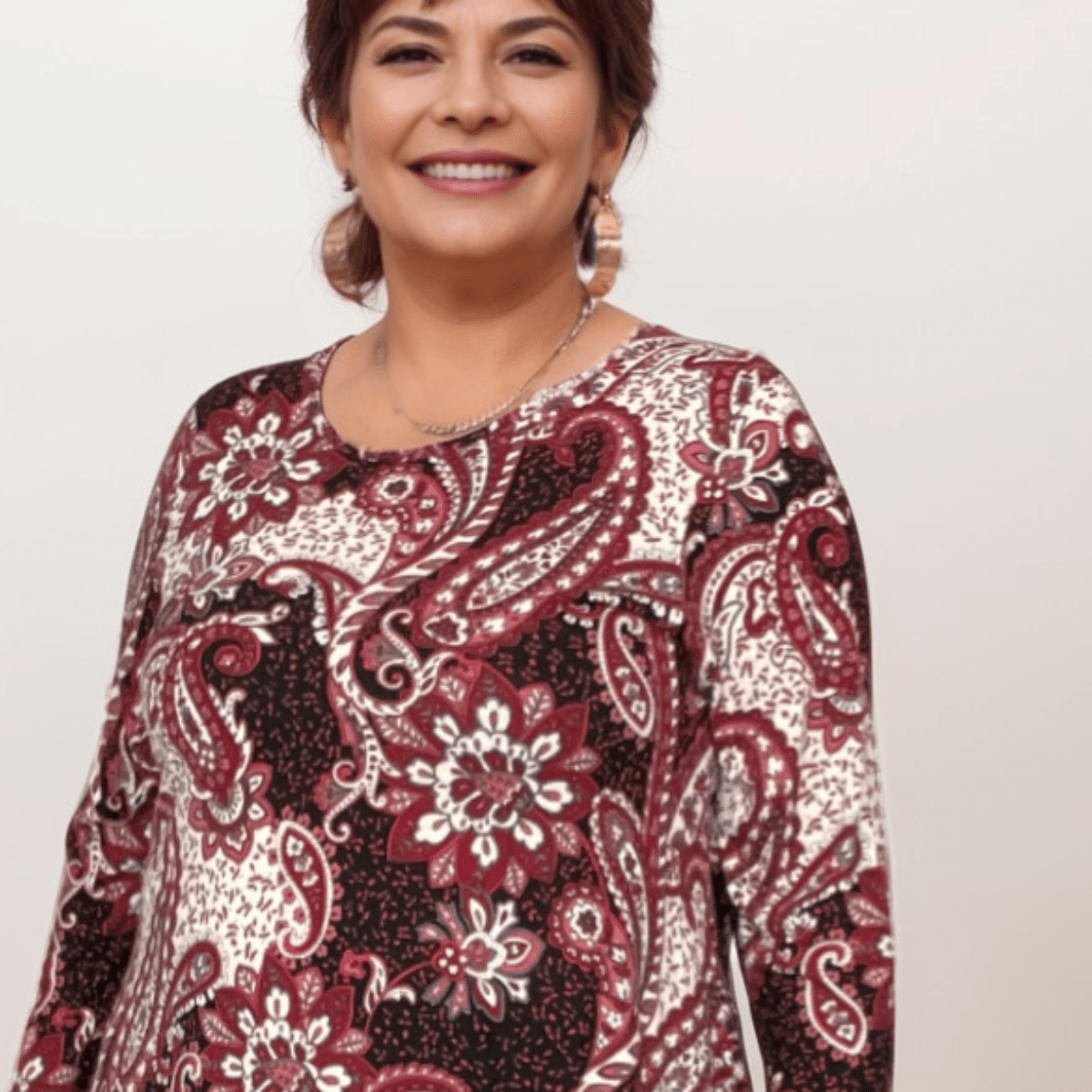 WINE PAISLEY 3/4 SLEEVE SWING TOP A-LINE - FullFab