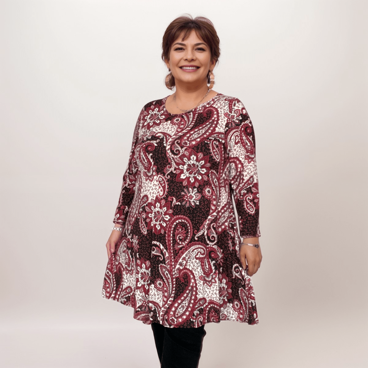 WINE PAISLEY 3/4 SLEEVE SWING TOP A-LINE - FullFab