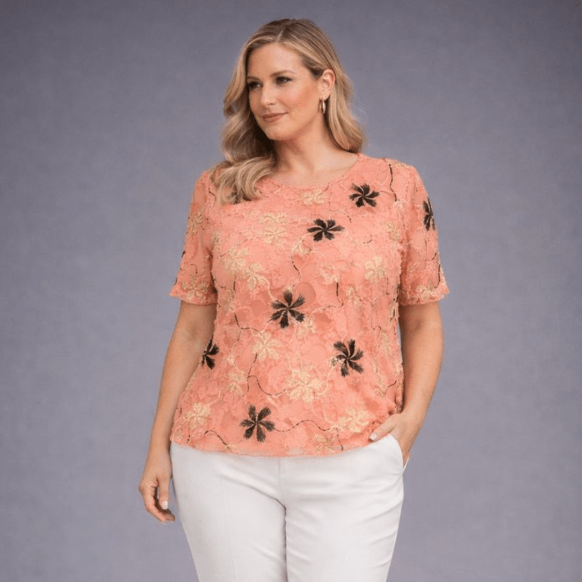 Embroidered Lace Short Sleeve Blouse - FullFab