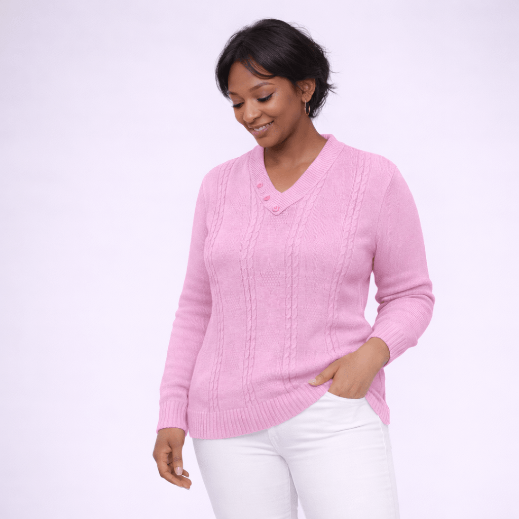 Button V Neck Cable Knit Jumper - FullFab