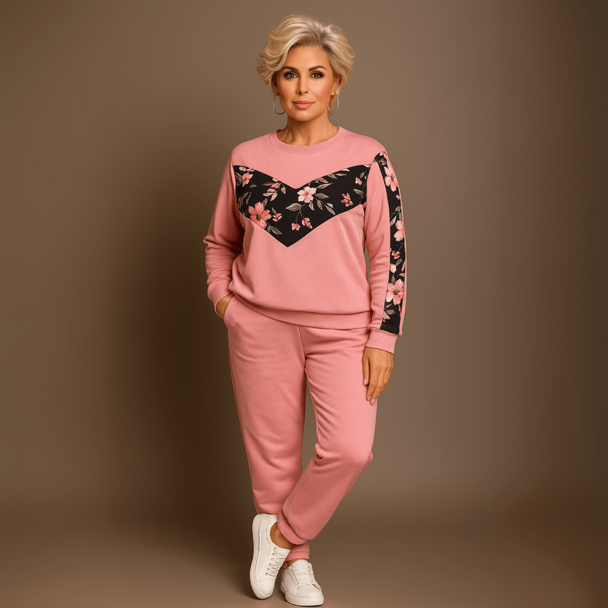 Pink Floral Sweatshirt Set featuring a black floral design and comfortable fit.