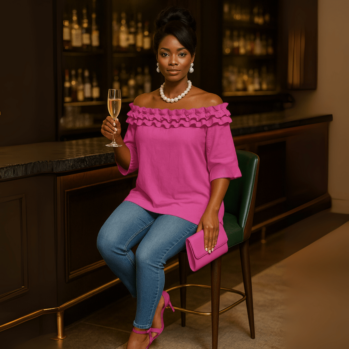 Ruffled Neckline Off Shoulder Blouse - FullFab
