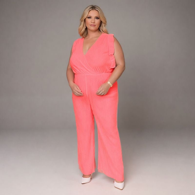 Pink Plus Size Jumpsuit featuring ruffled sleeves and a flattering fit.