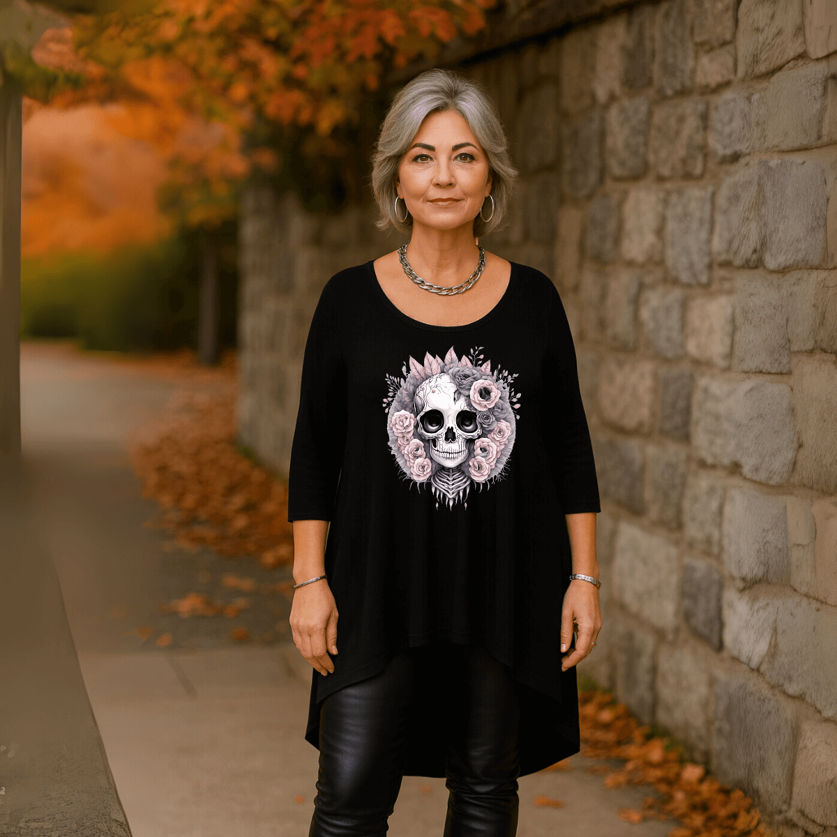 Pink Skull 3/4 SLEEVE DIPPED HEM TOP - FullFab