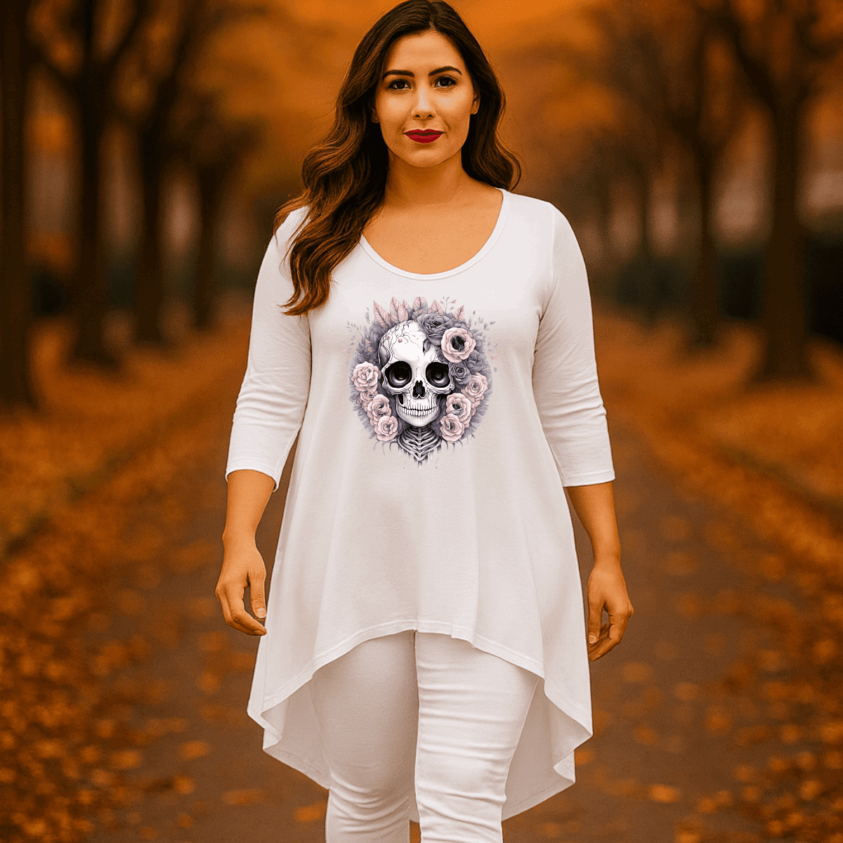 Pink Skull 3/4 SLEEVE DIPPED HEM TOP - FullFab