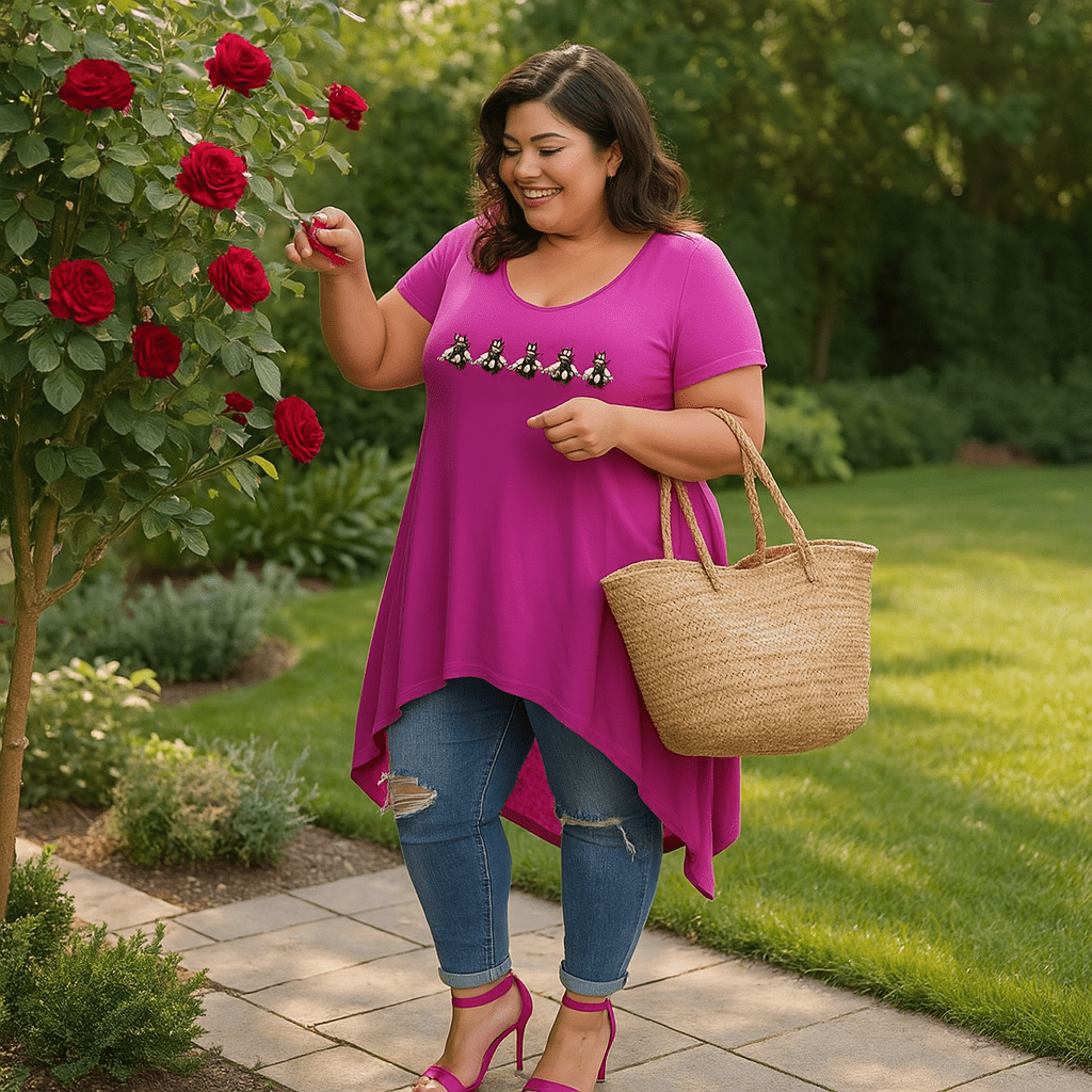Pink Plus Size Tunic with decorative embellishments, styled with jeans and a straw bag.