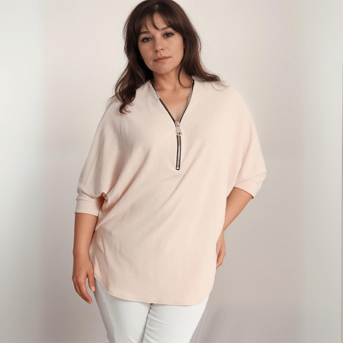 DIPPED HEM BATWING BLOUSE WITH ZIP V-NECK - FullFab