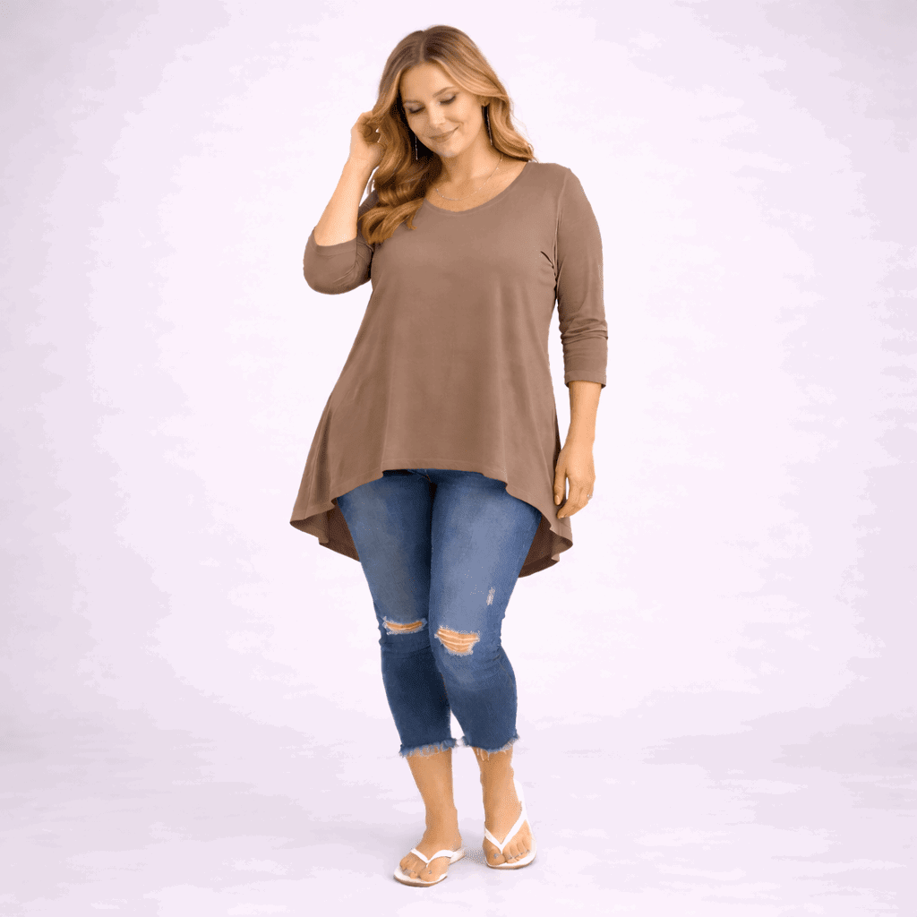 Plain 3/4 Sleeve Dipped Hem Top - FullFab