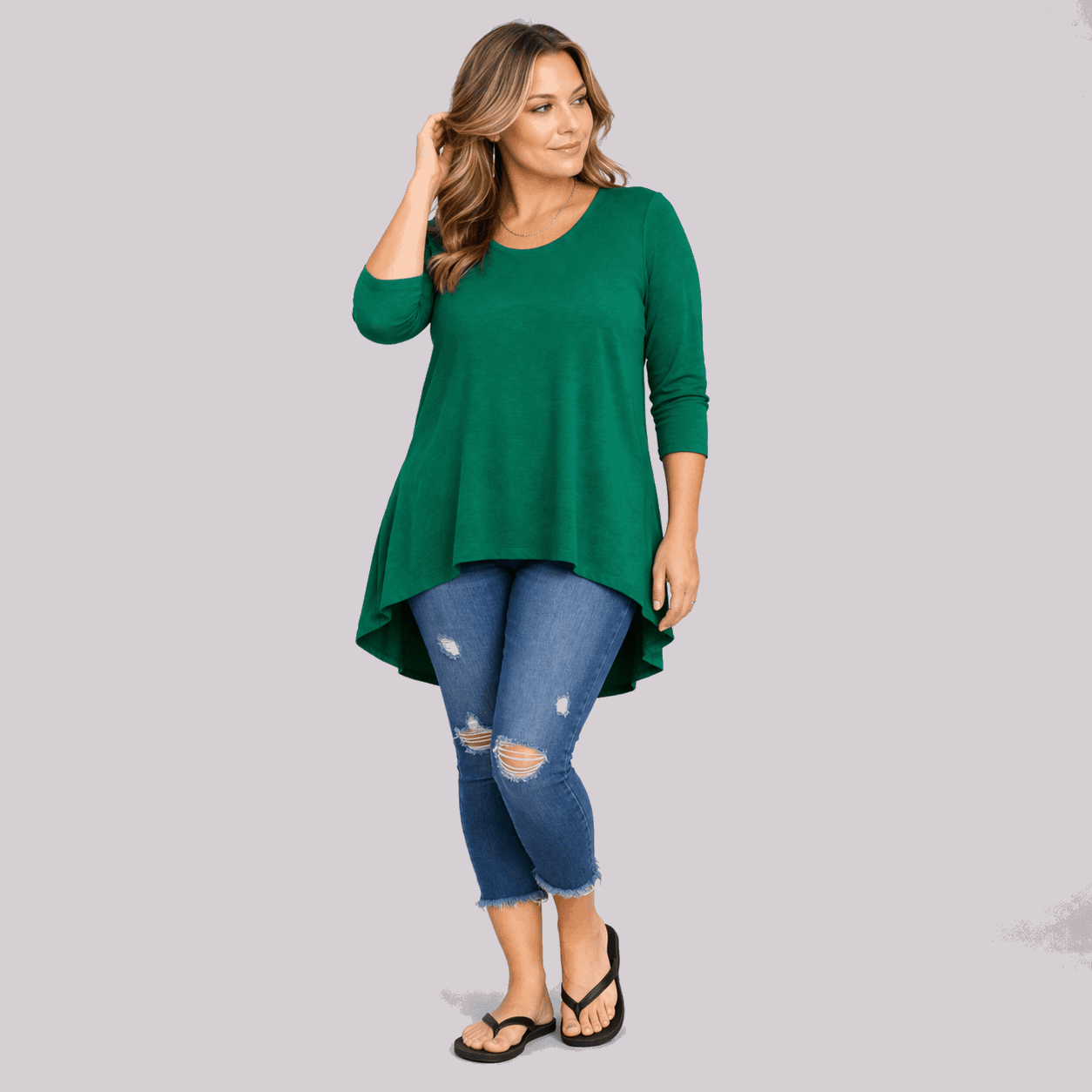 Plain 3/4 Sleeve Dipped Hem Top - FullFab