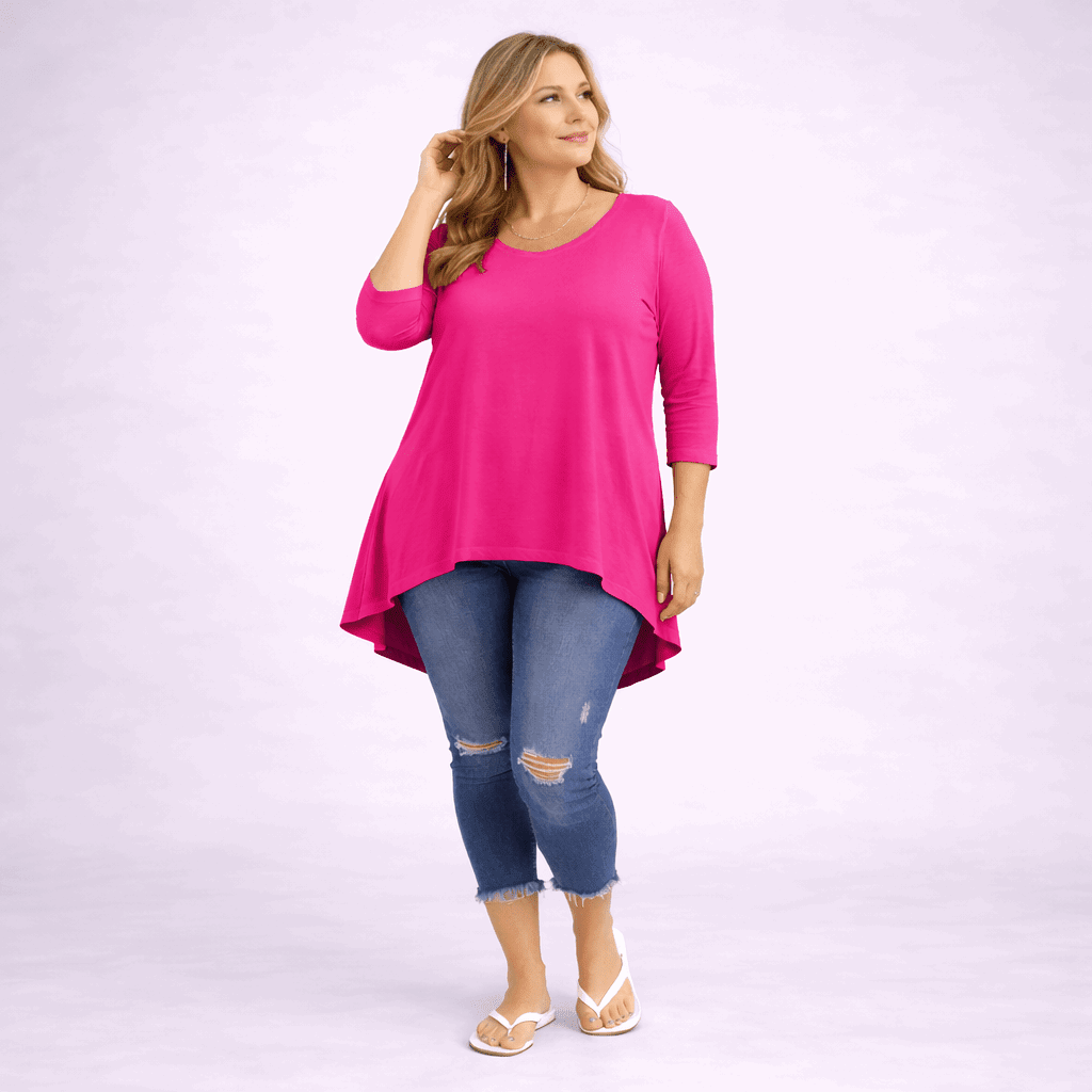 Plain 3/4 Sleeve Dipped Hem Top - FullFab