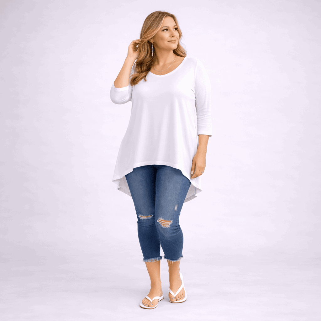 Plain 3/4 Sleeve Dipped Hem Top - FullFab