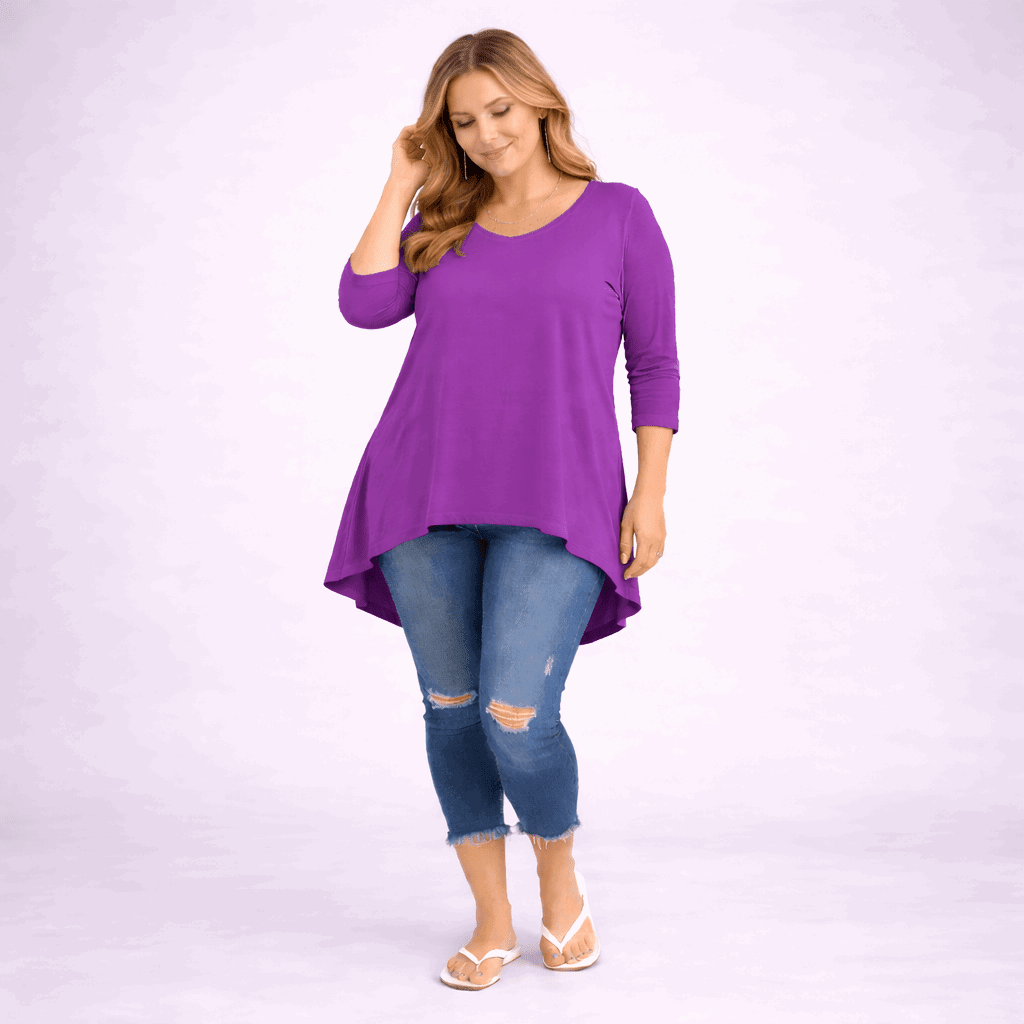 Plain 3/4 Sleeve Dipped Hem Top - FullFab