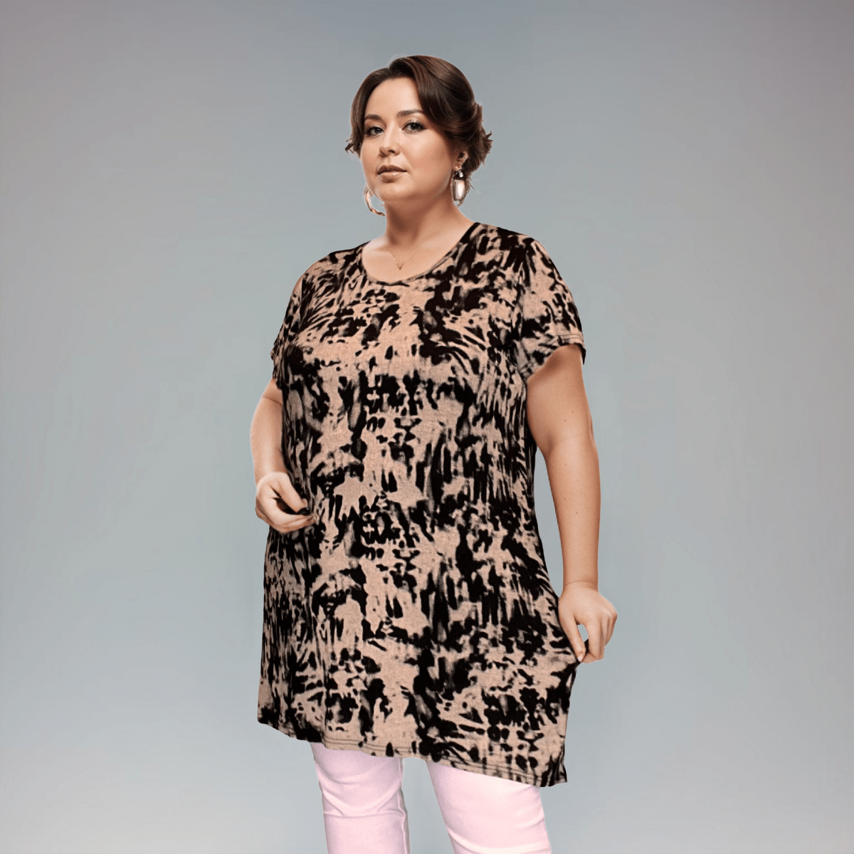 BLACK TAUPE SPLASH LONG LENGTH T-SHIRT - FullFab