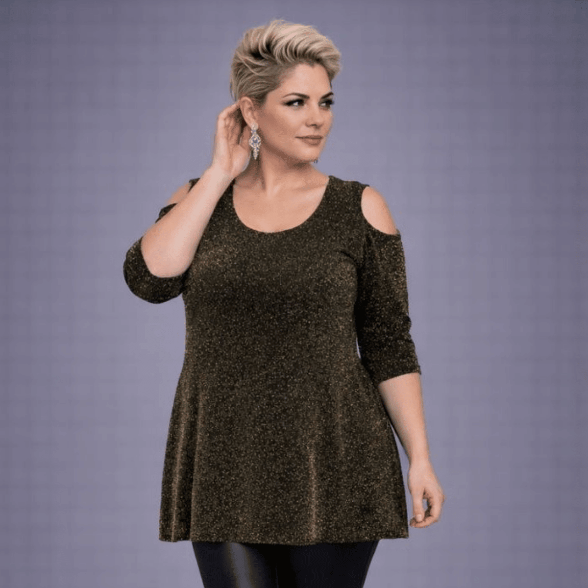 Sparkly 1/2 Sleeve Swing Top with Cold Shoulders - FullFab
