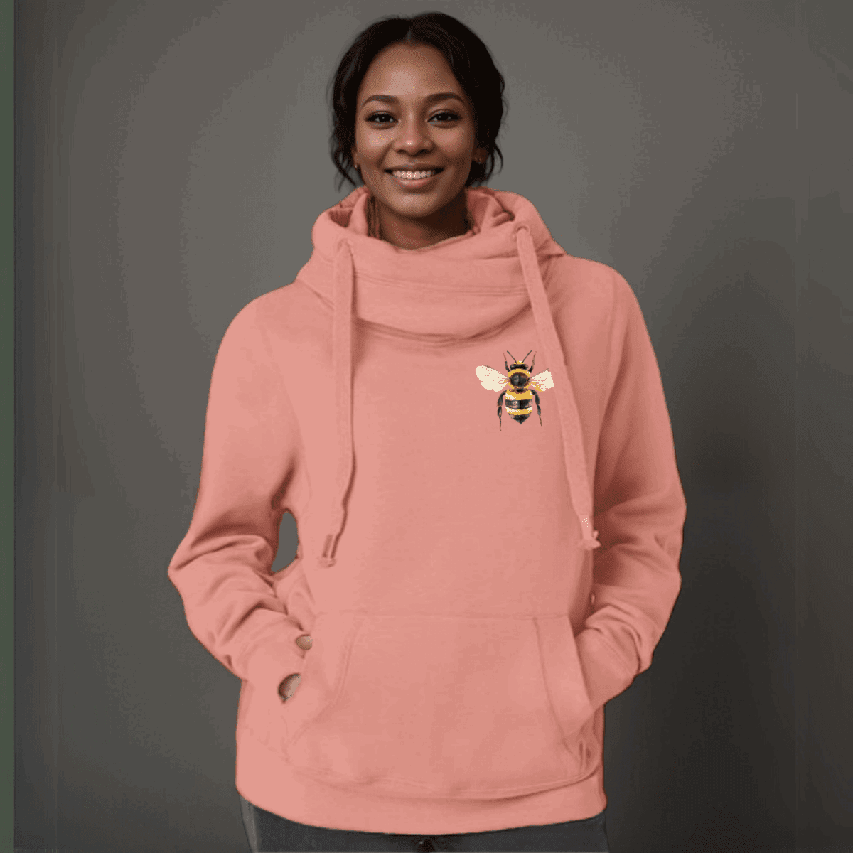 Plus-Size Cowl-Neck Cotton Hoodie with Bee Print - FullFab