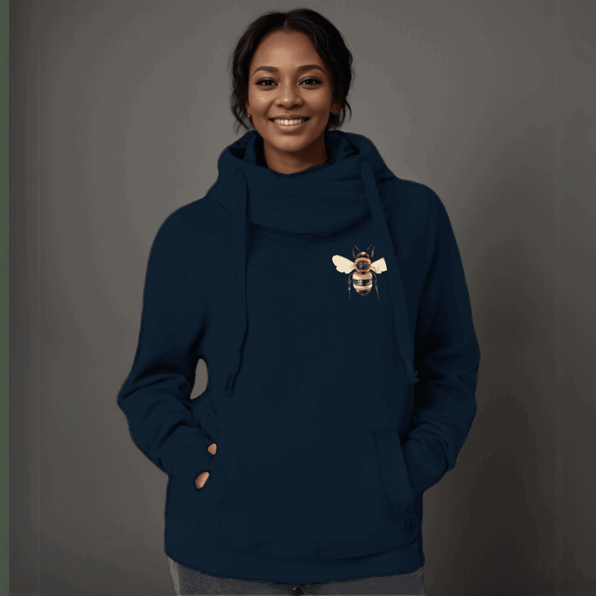 Plus-Size Cowl-Neck Cotton Hoodie with Bee Print - FullFab