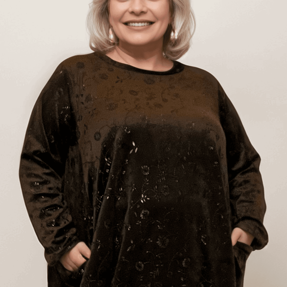 PLUSH BROWN LUXURY VELVET EMBOSSED DRESS WITH POCKETS - FullFab