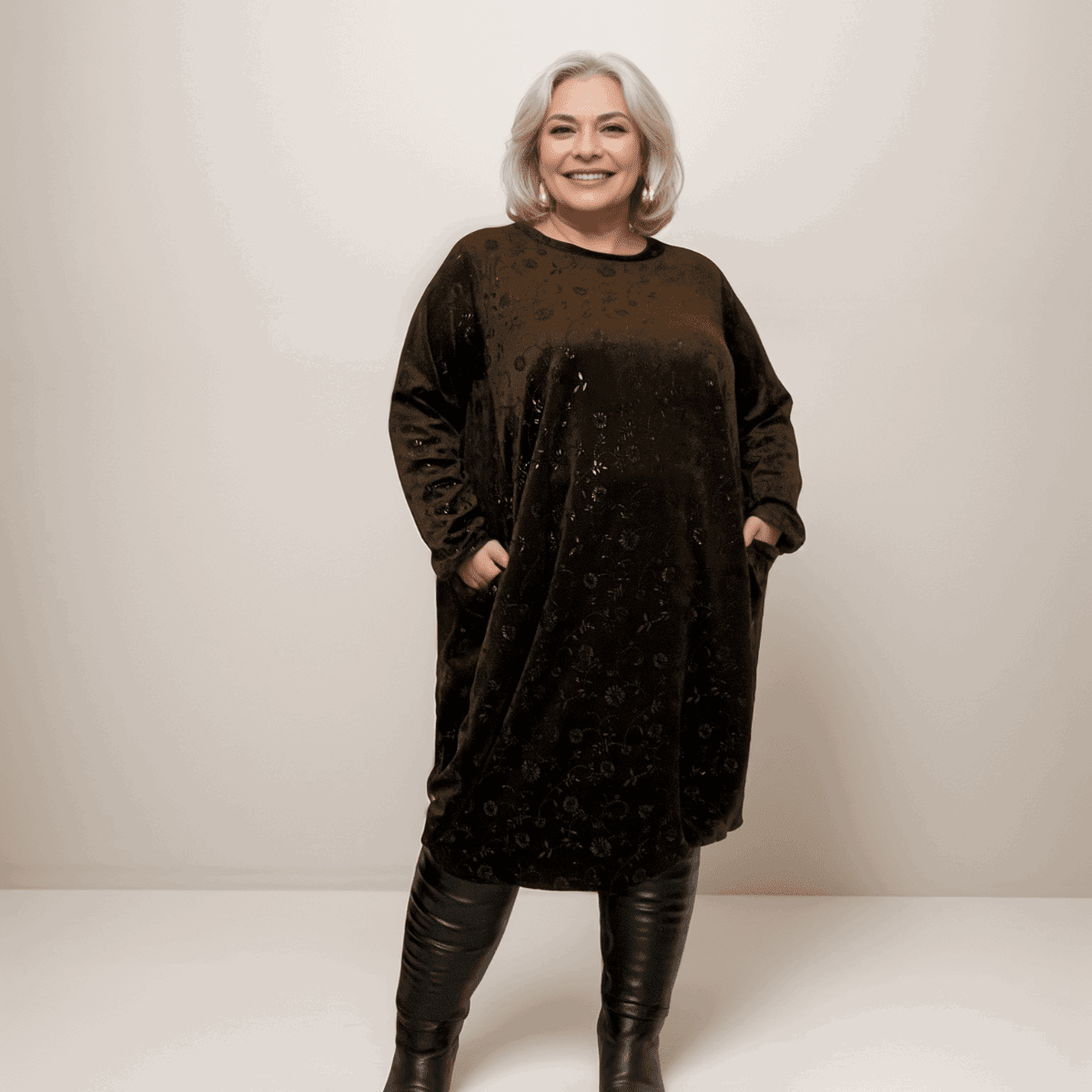 PLUSH BROWN LUXURY VELVET EMBOSSED DRESS WITH POCKETS - FullFab